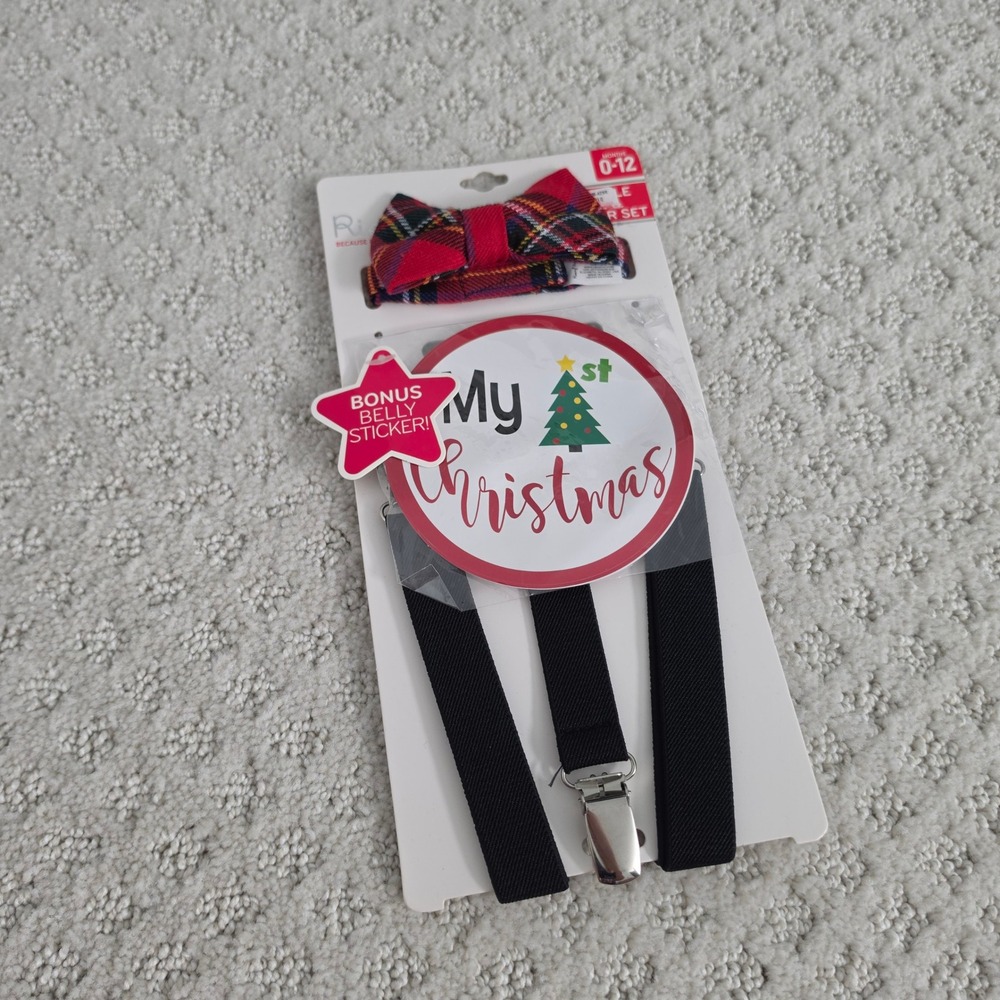 Baby 0-12M Red Plaid Bowtie Suspender Set My 1st Christmas Sticker NEW